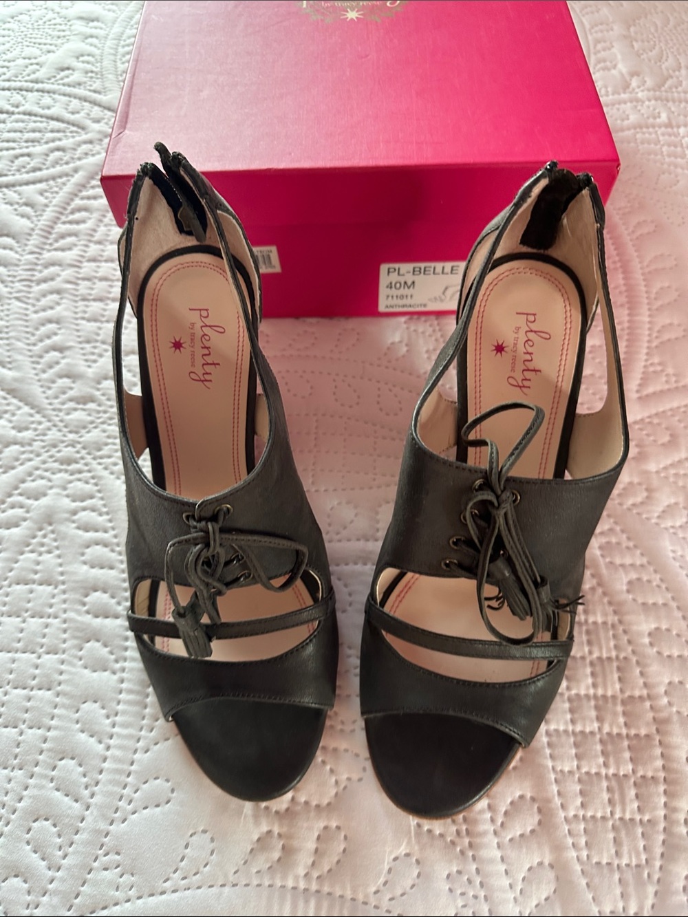 Plenty by Tracy Reese Black Lace-Up Open-Toe Slingback Heels